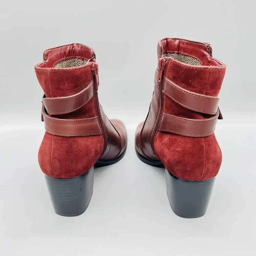 Aetrex Boots Womens 7.5 Red Leather Rebecca Ankle Buckle Zip Block Heel Booties